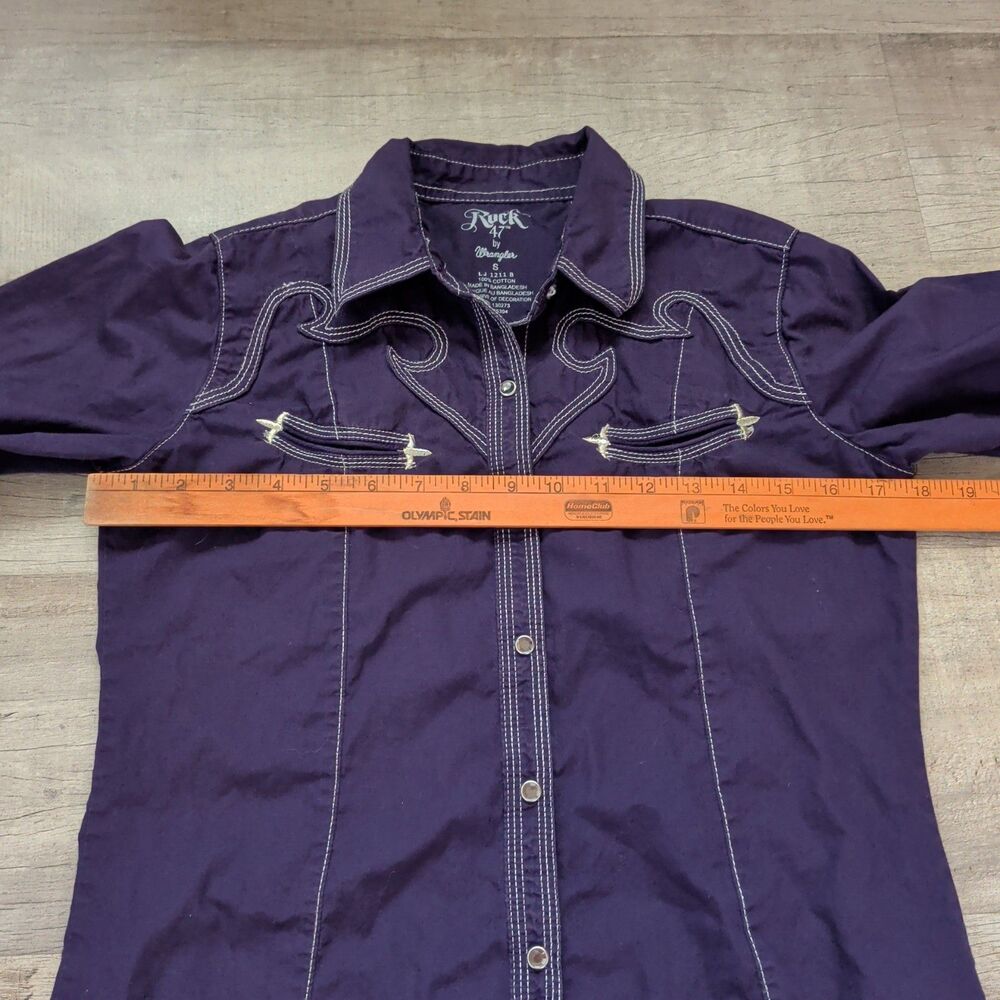 Rock 47 By Wrangler S Western Shirt Snap Purple Embroidered Rodeo Rhinestone - Picture 3 of 7